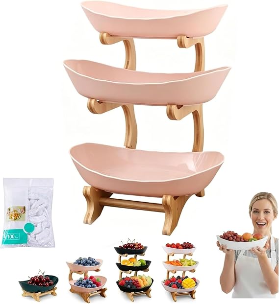 3 Tier Fruit Basket for Counter, Tiered Countertop Organizer for Fruits, Tiered Fruit Bowl for Kitchen Countertop, Space-Saving Organizer (Pink, 3-tier)
