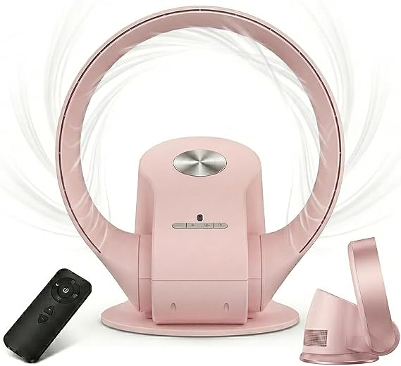 Small Bladeless Tower Fan with Remote, Quiet Office Fan for Desk, Wall-Mounted & Desktop Dual-Purpose Cooling Fan, 12 9 Speeds 80 Oscillating Mini Fan for Bedroom and Home Office(Pink)