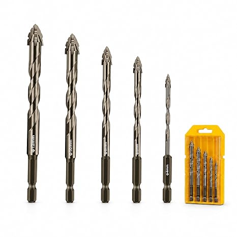 5-Piece Masonry Drill Bit Set, Carbide Tip Concrete Drill Bits for Brick, Cement, Tile & Stone, Heavy Duty Twist Drill Bit Set with Fast Chip Removal Design, 5/32"-1/2" Sizes