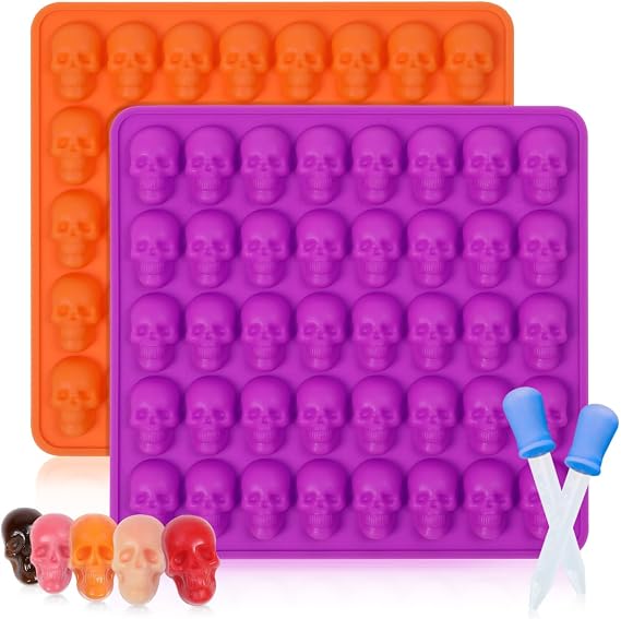 Skull Silicone Molds, Halloween Gummy Chocolate Molds 2 Pcs Mini Skull Mold | with 2 Droppers, BPA Free, Nonstick, Easy to Clean, for Making Gummies, Candy, Chocolate, Ice Cube, Soap, Premium Silicone