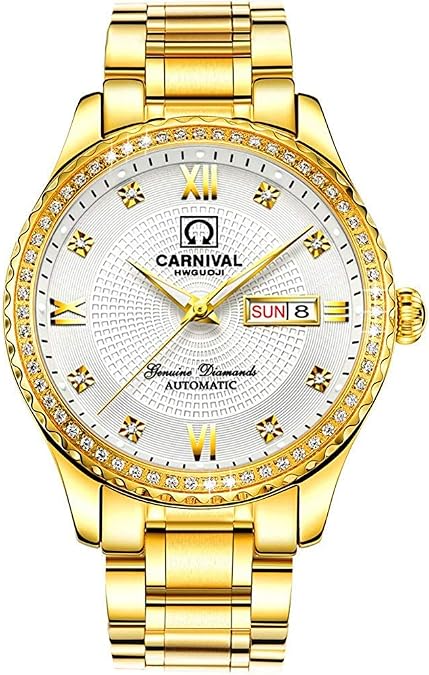 Men's Gold Business Watch Rhinestones Date Automatic Mechanical Stainless Steel Luminous Waterproof Clock