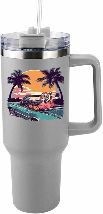 40 Oz Tumbler with Handle,Tiger Drive Car Stainless Steel Tumblers with lid and Straw Vacuum Insulated Travel Coffee Mug,Summer Vacation Coconut Tree Sunset Leak-proof Cup Water Bottle