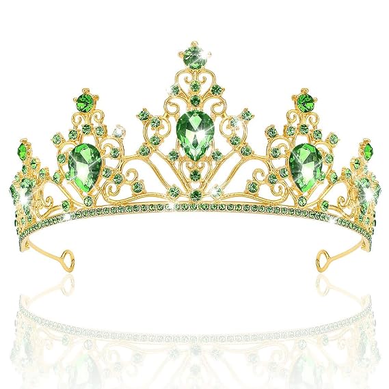 AHONEY Green Tiara and Crown for Women, Crystal Fiona Crown Rhinestone Princess Tiaras for Wedding Birthday Prom Halloween Party (Gold Green)