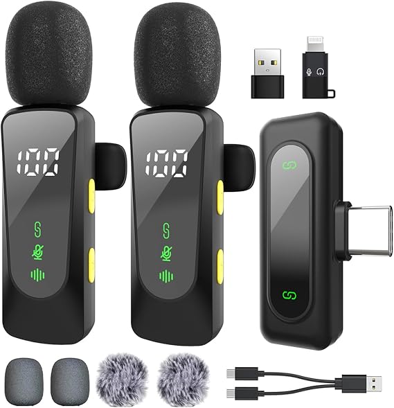 Wireless Lavalier Microphone with LED Display, Lavalier Microphones Clip on Mic With Noise Reduction, for Video Recording, Tiktok, Youtube, Vlog Podcast Content Creator (Black)