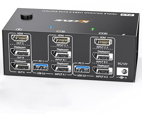 8K@60Hz 4K@144Hz KVM Switch 3 Monitors 2 Computers, HDMI + 2Displayport Triple Monitor KVM Switch 2 Computers Share 3 Monitors and 4 USB 3.0 Devices, Wired Remote and 2 USB3.0 Cables Included