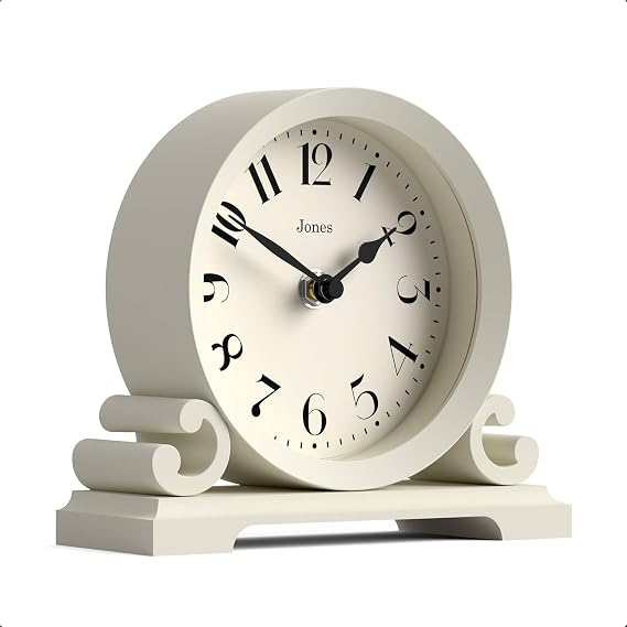 JONES CLOCKS Saloon Mantel Clock | Small Traditional Double Scroll Design | Pale Cream | Contemporary Classic Style for Desk, Table, Shelf or Bedside