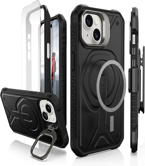 CaseBorne Compatible with iPhone 15 Protective Case - Compatible with MagSafe, Slim Yet Rugged with Tempered Glass Screen Protector, Includes Kickstand & Belt-Clip Holster - Black