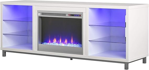 Ameriwood Home Lumina Fireplace TV Stand for TVs up to 70 Inch, Replaceable Electric Fireplace Insert Heater, Remote Control, Timer, Color Changing LED Lights, Crystal Ember Flames, White