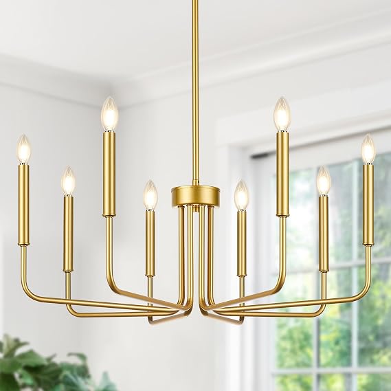 Lynnoland 8-Light Farmhouse Chandelier for Dining Room Lighting Fixtures Hanging, Gold Dining Light Fixtures Industrial Chandelier for Bedroom, Foyer, Hall, Kitchen, Living Room and Entryway