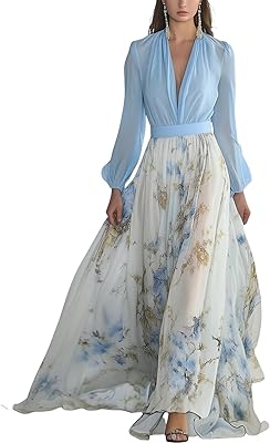 XNC Dresses for Women Sexy V Neck Chiffon Dress Elegant Boho Floral Long Sleeve Flowy Summer Pleated Waist Maxi Dress