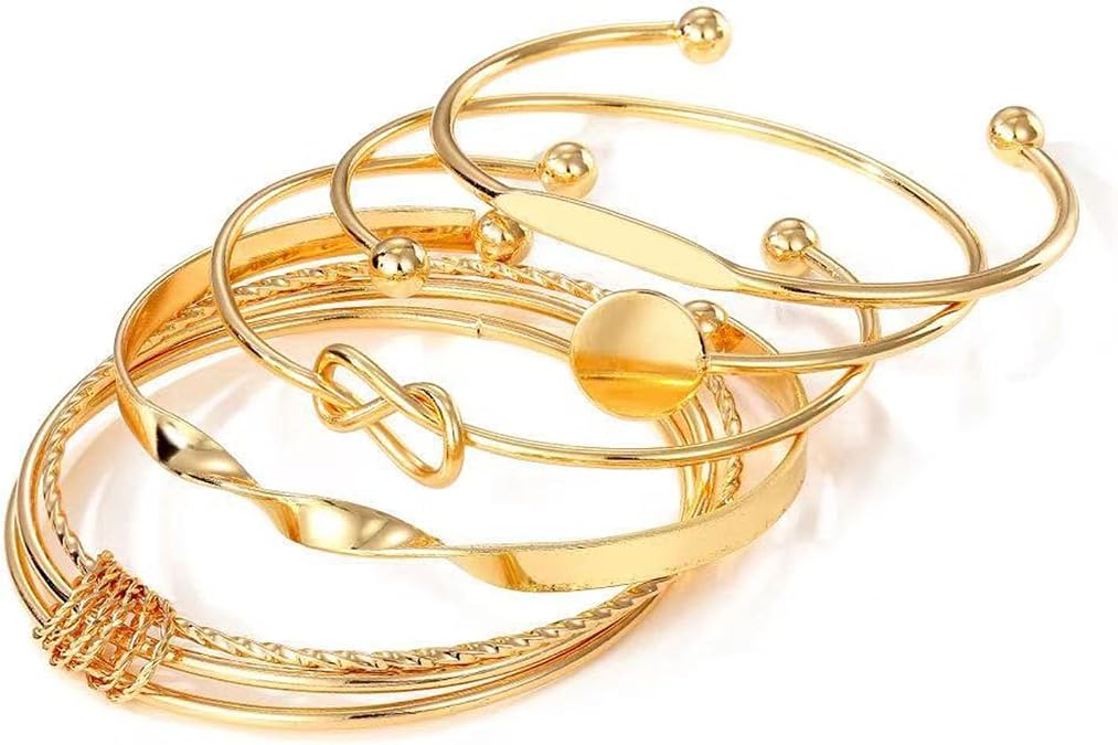 Rrdaily 14k Gold Plated Bangle Bracelet Set for Women,Silver Stackable Multi-Layer Circle Charm Bracelet,Trendy Simple Layered Non Tarnish Cuff Bracelet