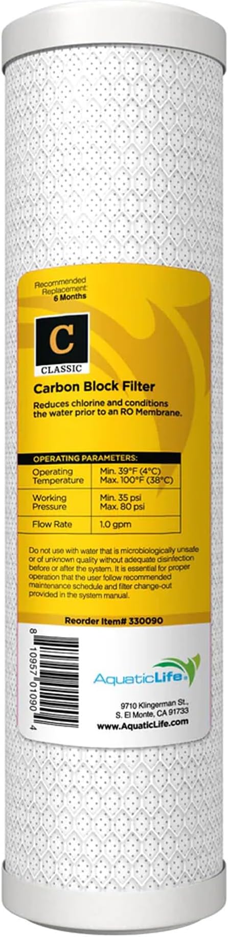 Aquatic Life 10-Inch Pre Carbon Block Replacement Filter Cartridge for RO-DI System Units for Aquarium | Fits standard 10 in filter housings and reduces chlorine before the RO membrane in aquarium RO and RO/DI systems