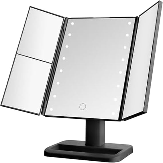 MELANNCO Elements Tri Fold LED Vanity Mirror, 3 Magnifications and Dimmable LED Lights, Black, 7.09x4.69x11.61 Inch