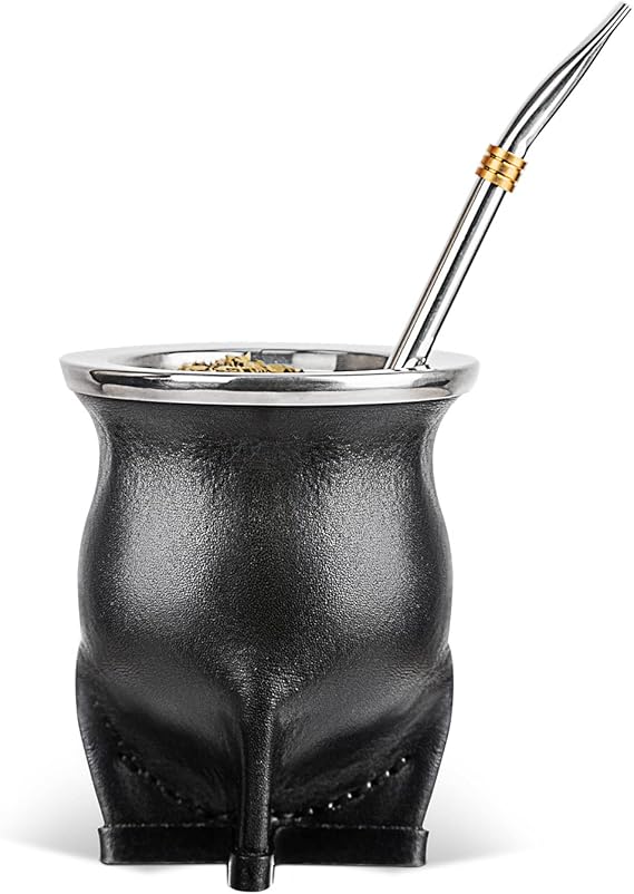 Cuopru Ceramic Liner Yerba Mate Cup Argentina Gourd with Mate Bombilla Straw, Cleaning Brush (Black)