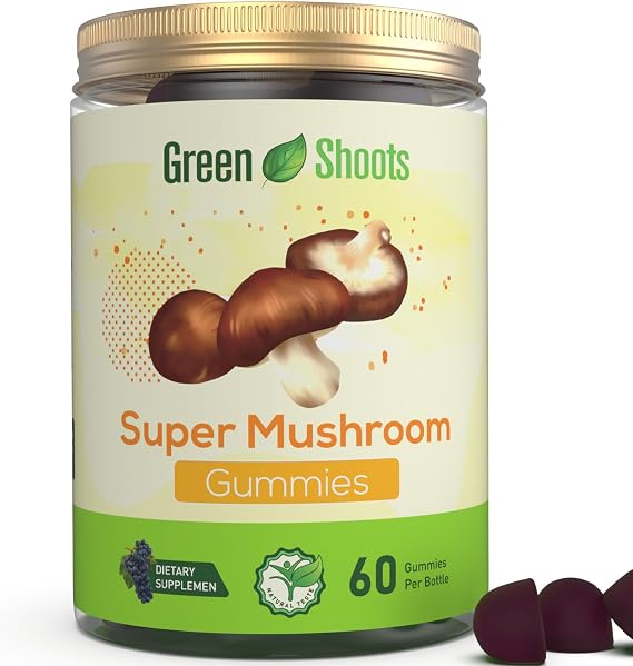 Greenshoots Mushroom Gummies for Adults, 4-in-1 Mushroom Extract Blend with Lion's Mane, Reishi & Cordyceps - Supports Focus, Immunity & Daily Wellness - Sugre-Free Mushroom Supplement, 60 Gummies