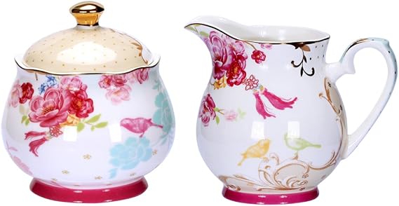 Sugar and Creamer Set for Coffee and Tea Red Floral Painted Classic Porcelain