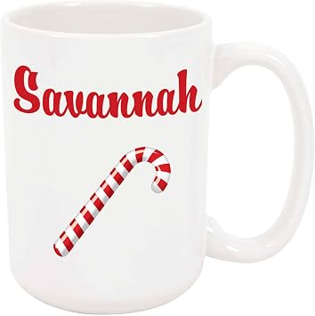 Savannah Coffee Mug - Personalized Ceramic Candy Cane Cup with Name, Custom Mug, Customized Birthday/Christmas Gift, Holiday Present, 11 Oz