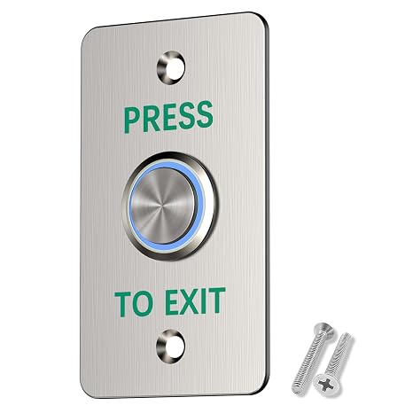 Momentary Push to Exit Button Switch with LED Light for Access Control Hollow Door Doorbell Chimes Garage Door Opener, Stainless Steel Panel Press Exit Button, NCNOCOM12VGND 6-Contact Output