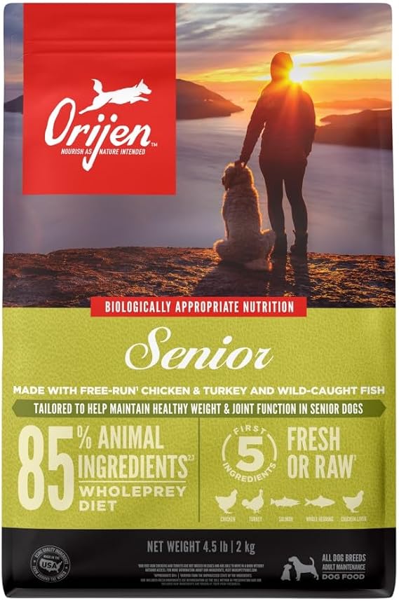 ORIJEN Grain Free WHOLEPREY Dry Dog Food Senior Recipe 4.5lb Bag | 85% Fresh or Raw Ingredients, Grain Free, Made in the USA, No Corn, Soy or Wheat, For Senior Pets, Global Quality Ingredients