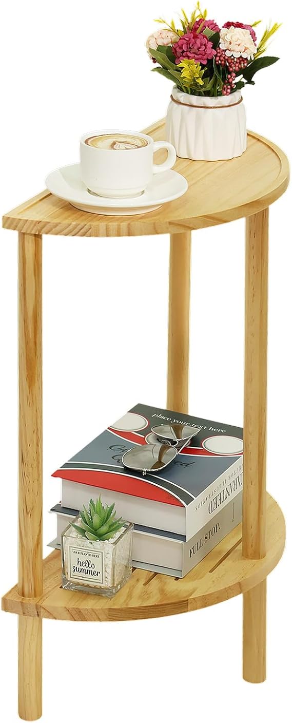 End Table Half Moon Side Tables, 2 Tier Half Round Side Table, Sofa Side Half Round Table with 2-Tier Storage Shelves, Nightstand for Living Room, Bedroom, Small Space, Rustic Brown, Boho Side Table