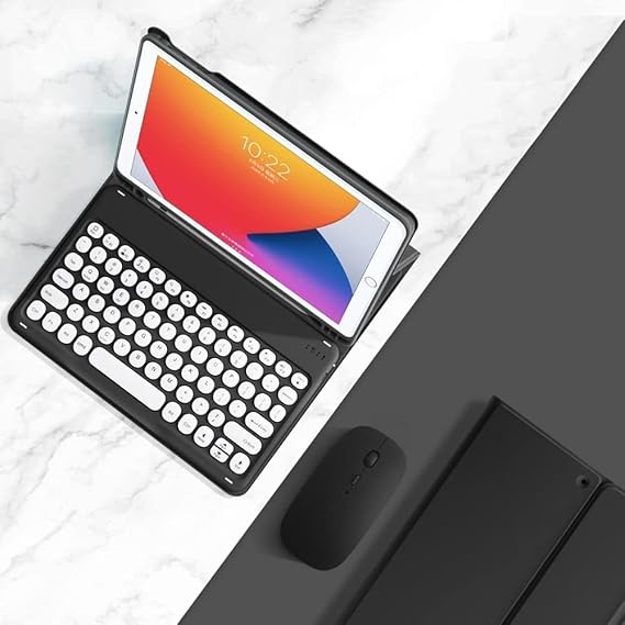 Keyboard Case for iPad Mini 7(A17 Pro) /Mini 6 with Mouse, Case for iPad Mini 7th/6th Generation with keyboard Mouse Set, Cute Round Key Detachable Case with Pencil Holder, Black