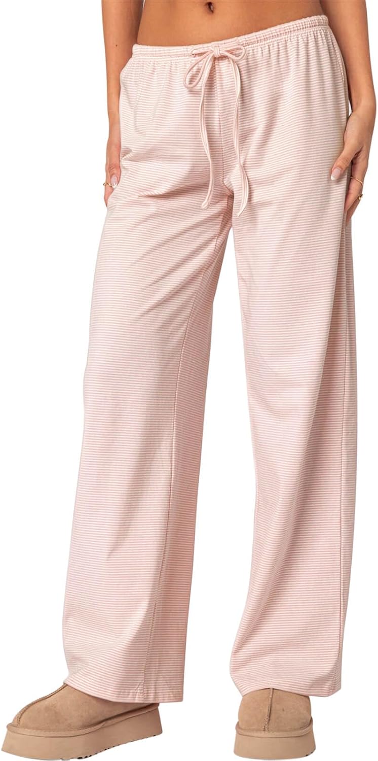 Ugerlov Womens Wide Leg Striped Pants Casual Drawstring Elastic Low Rise Pajama Pants Lounge Wear Trousers