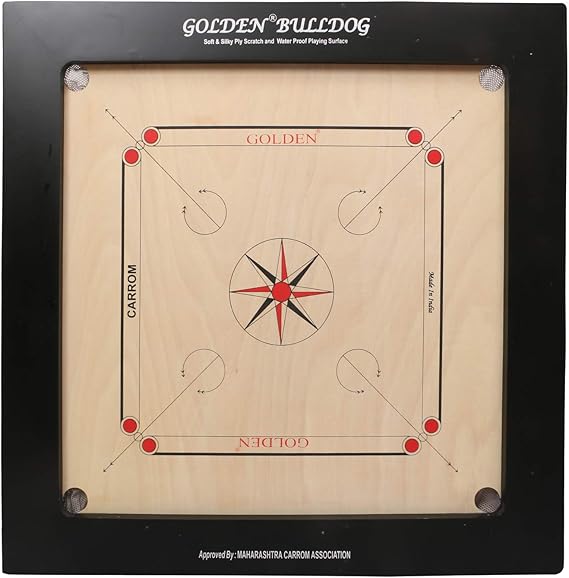 KD Golden Carrom Board Game Board Champion Bulldog Jumbo Indian Ply Wood Board with Coin, Striker & Cover, AICF Approved Used in National & International Tournament (28mm, Bulldog)