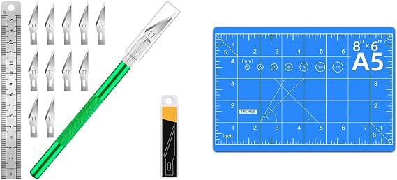 DIYSELF 1 Pcs Craft Knife Hobby Knife with 11 Pcs Stainless Steel Blades Kit and Blue Cutting Mat 6in8in (Green)