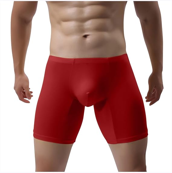 Pouch-Enhancing Boxer Briefs for Men Athletic Anti-Chafe Long Leg Boxers Sexy Solid Color Ball Pouch Underwear