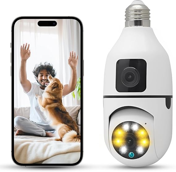 Security Camera, Outdoor Wireless Camera 2.4G Hz Camera for Home Security, 355 Degree Panoramic, Motion Detection and Alarm, 24/7 Recording (Dual Lens Light Bulb)