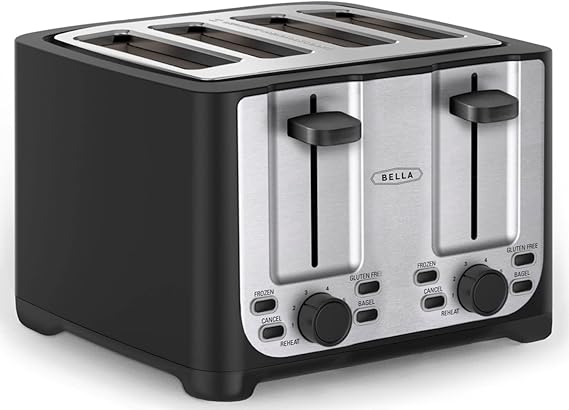 bella 4 Slice Toaster with Auto Shut Off, Extra Wide Slots & Removable Crumb Tray, Cancel, Defrost & Reheat Function, Toast Bread, Bagel & Waffle, BPA Free, Stainless Steel & Black
