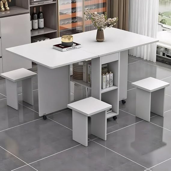 Folding Dining Table Set with 4 Chairs, Drop Leaf Space-Saving Extendable Kitchen Table with 2-Tier Storage Shelf & Wheels, Multifunctional White MDF Dining Table for Small Spaces