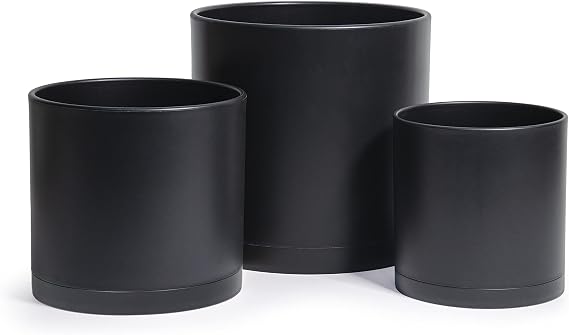D'vine Dev 3-Pack Plastic Pots & Saucers, 6.5/8/10 in, Black, 74-V-B-4 | Multi-Size Options, Lightweight Durable, Matte Finish, Cylinder Shape, Drainage Holes, Sleek Design, Detachable Saucer