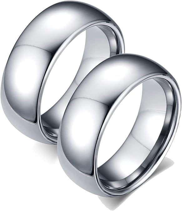 Wedding Band Engraved Couples Set, Tungsten Promise Rings for Couples 8MM Dome Polished Silver Band Ring Engraved
