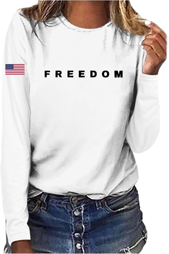 Womens Freedom Shirt American Flag Printed Commemorative Shirts Patriotic Novelty T Shirts Crewneck Long Sleeve Tops