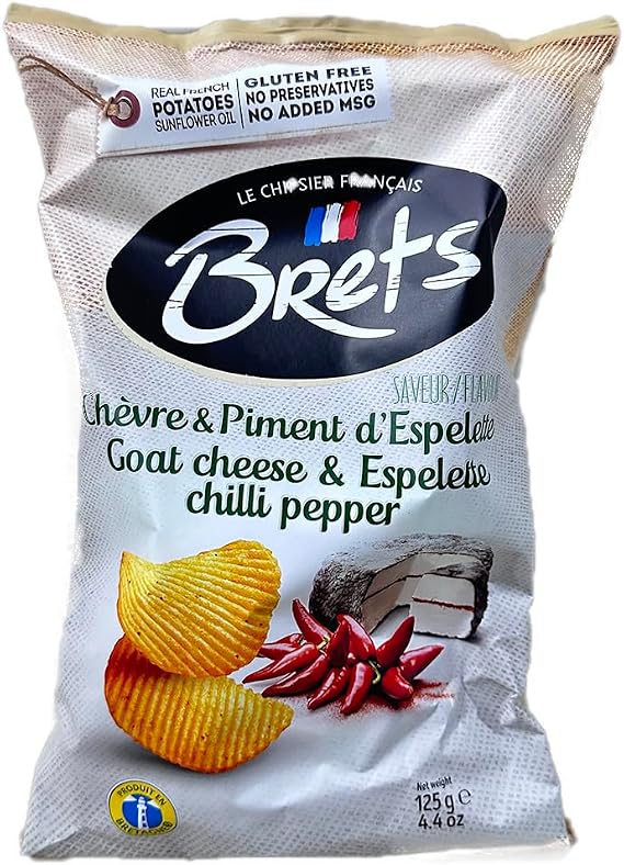 Brets Goats Cheese and Chilli Crisps Crinkle Cut - Chevre Piment d'Espelette Gluten Free Made with 100% French Potatoes Made in France No Perservatives No Added MSG