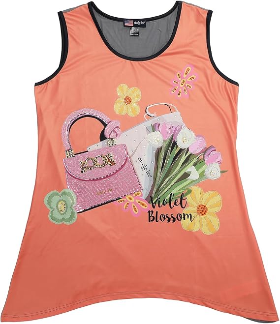 Nicole Lee Tunic Tank Top with Rhinestones, Scoop Neck, Polyester Spandex Blend (US, Alpha, Large, Regular, Long, Violet Blossom)