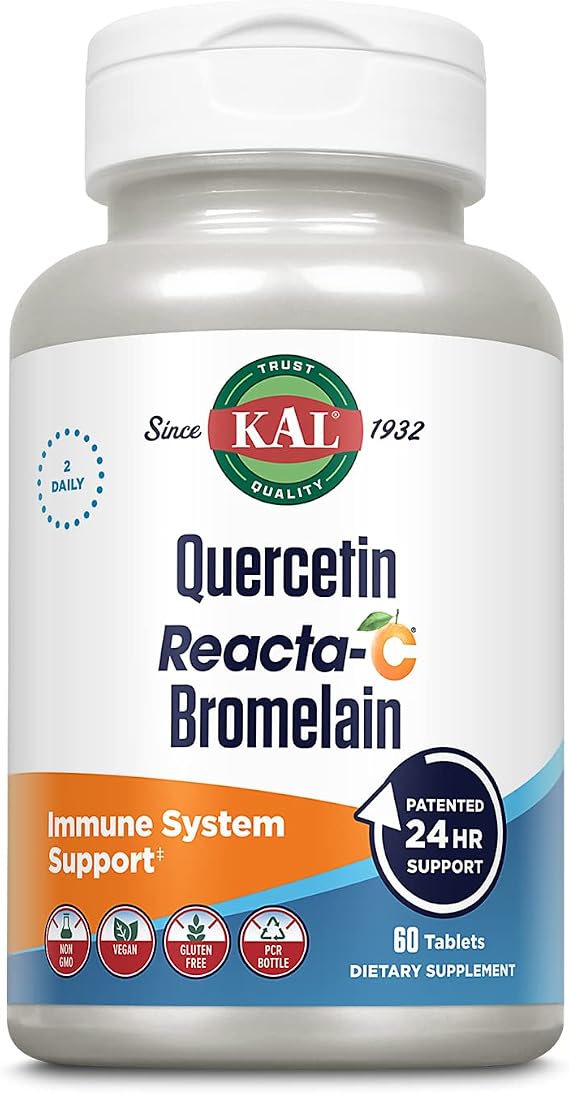 KAL Quercetin with Bromelain - Bromelain Quercetin Supplement for Men & Women, Complex with Vitamin C, Nettle, Chamomile, Immune Health Support, Vegan, Non GMO, Gluten Free - 60 Tablets | Bromelain Quercetin Supplement for Men & Women, Complex with Vitamin C, Nettle, Chamomile, Vegan