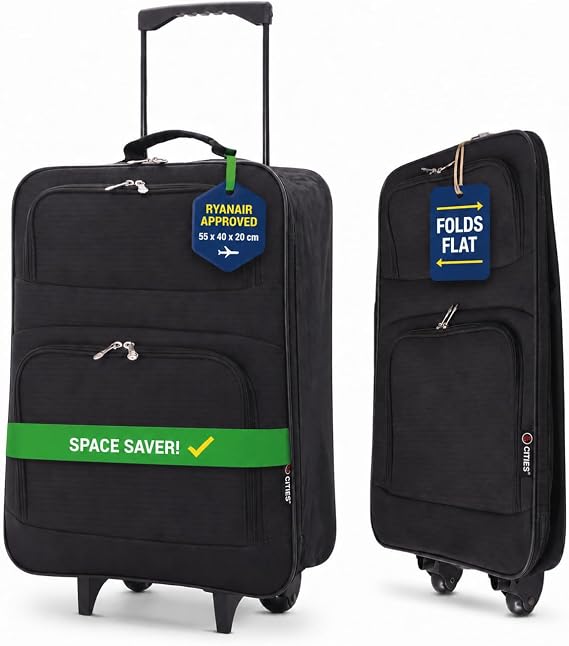 5 Cities 55x40x20cm easyJet &amp; Ryanair Folding Cabin Suitcase, 2 Wheels | Fits easyJet &amp; Ryanair, Foldable Hand Luggage, 2 Wheels, Lightweight, Carry On Cabin Bag, Travel Trolley, Durable, Black