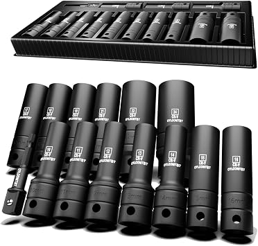 OTLOOMTBT 14-Piece 1/2-Inch Super-Rugged and Durable Impact Socket Set, Well-Made Industrial Grade Thicker Metric Deep Sockets & Socket Sets with Drill Socket Adapter 1/2 Drive, exceed than ANSI