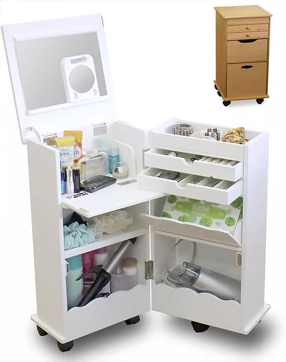 Atkits Wooden Utility Cart Organizer Bedside Makeup Cabinet with Mirror Mobile Folding Cart with Wheels,Multi-Function Flip Top Makeup Vanity Table with Drawers Cabinet,White [Energy Class A]