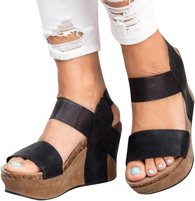 Wedges Shoes for Women Sandals Open Toe Breathable Beach Platform Sandals | Coarse heel elastic adjustable elastic wedge heel sandals