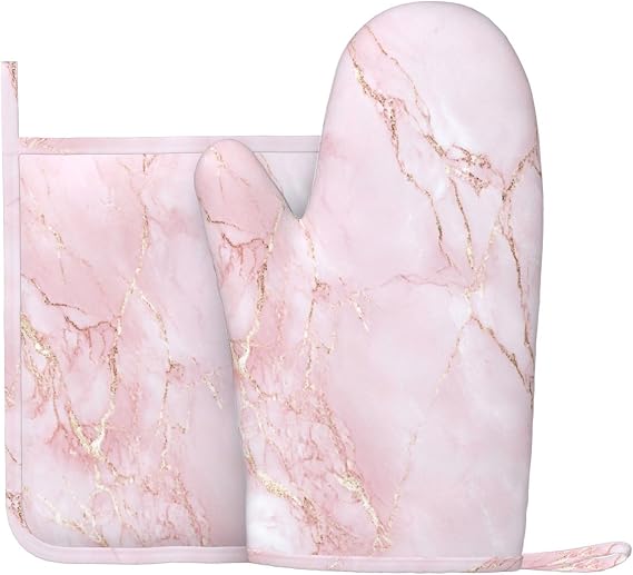 Oven Mitts and Pot Holders Light Pink Marble Art Silicone Kitchen Accessories Set of 2 Heat Resistant Long Gloves Potholder Non-Slip Grip for Chef Cooking,Baking,Grilling,BBQ