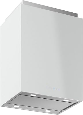 Futuro Futuro Lombardy White 24 Inch Island-mount Range Hood, Stainless Steel & White Glass, LED, Ultra-Quiet, wBlower