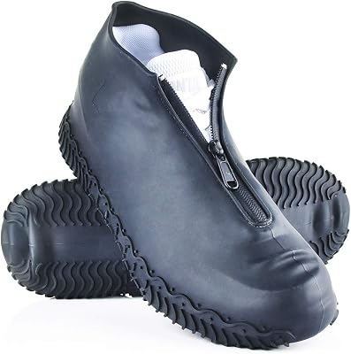 Silicone Waterproof Shoe Covers, Upgrade Reusable Overshoes with Zipper, Resistant Rain Boots Non-Slip Washable Protection for Women, Men L Women 7.5-10.5, Men 6.5-9, Black
