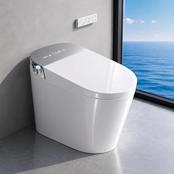 Smart Toilet with Bidet Built In, Auto Open & Close, Foot Sensor Flush, Heated Seat, Warm Water, Dryer, Tankless Dual Flush Elongated Toilet, Foam Shield, LED Night Light & Remote Control