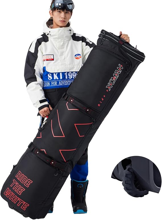 XCMAN Padded Snowboard Bag with Wheels- Snow Ski Bags for Air Travel Adjustable Length 61-70In Large Capacity with Water-Resistant