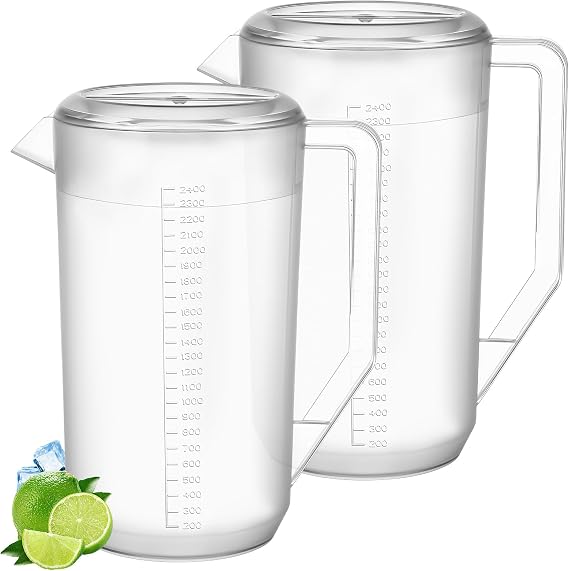 saerryor 2 Pack Plastic Water Jugs with Lid, 2.4 Litre Clear Water Pitcher | with Scale and Handle, Unbreakable Beverage Pitchers Fridge Jugs for Milk Juice Iced Tea Lemonade