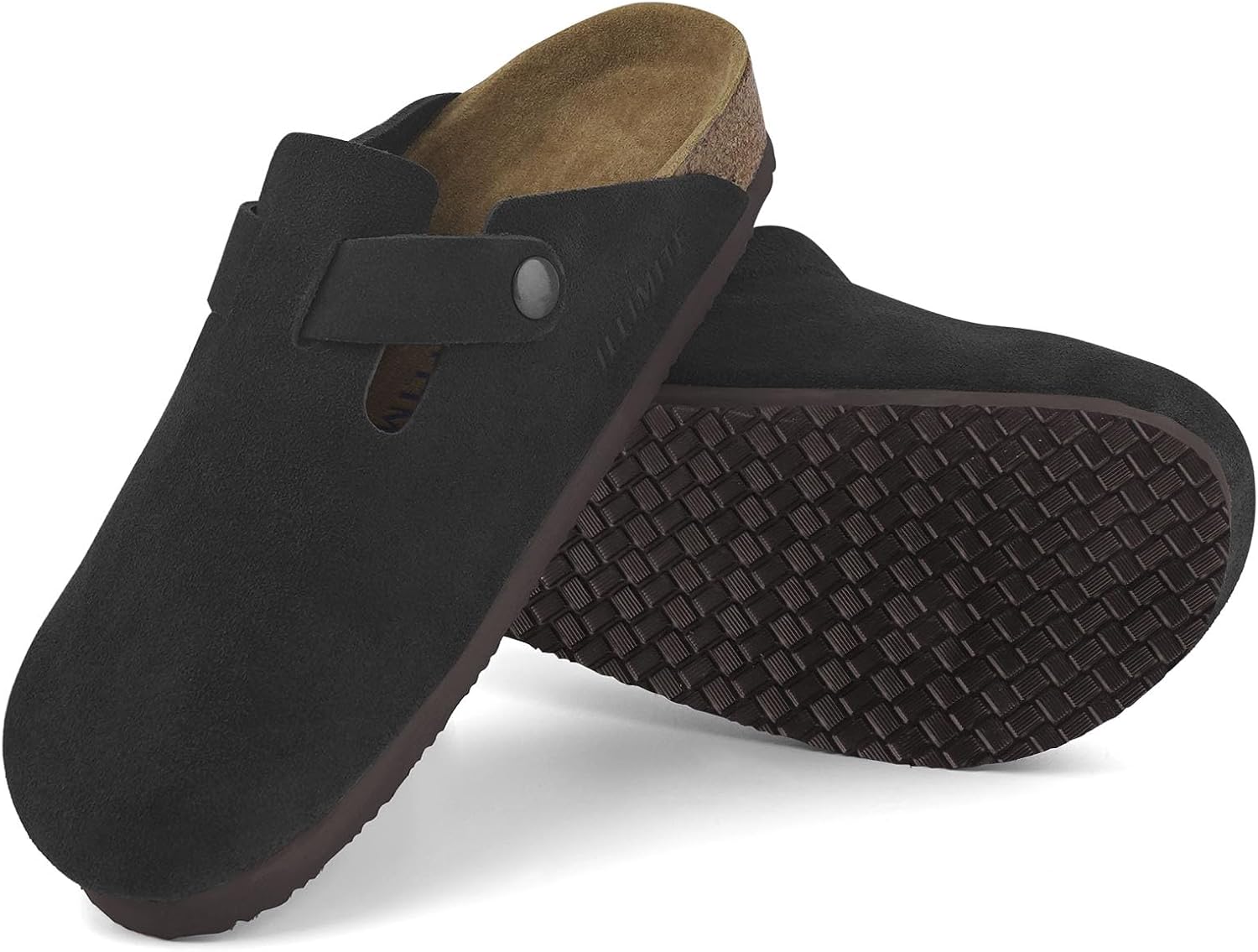 ILLIMITE Suede Clogs for Women Men Cork Footbed Sandals Leather Mules Potato Shoes with Arch Support and Adjustable Buckle