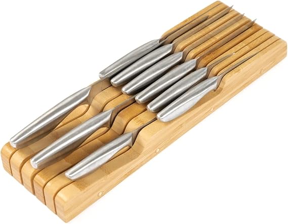 KitchenEdge Bamboo Kitchen Knife Block Holder Organizer - Holds 5 Long + 6 Short Knives (Not Included), Fits Most Knife Sizes, Rubber Feet, Sustainable Bamboo, in-Drawer Design